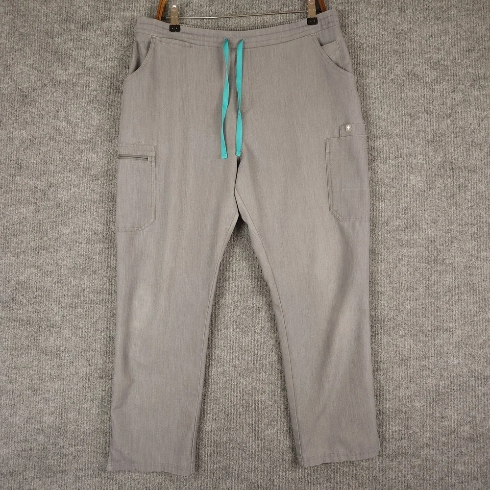 FIGS Technical Collection Scrub Pants Mens Large Grey Teal Drawstring